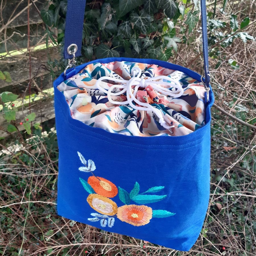 Craft tote bag with hand embroidery, drawstring top and long shoulder strap