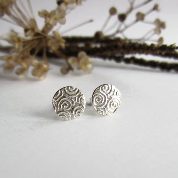 Silver Spiral Pattern Stud Earrings - Ocean Wave Studs - Fine Silver