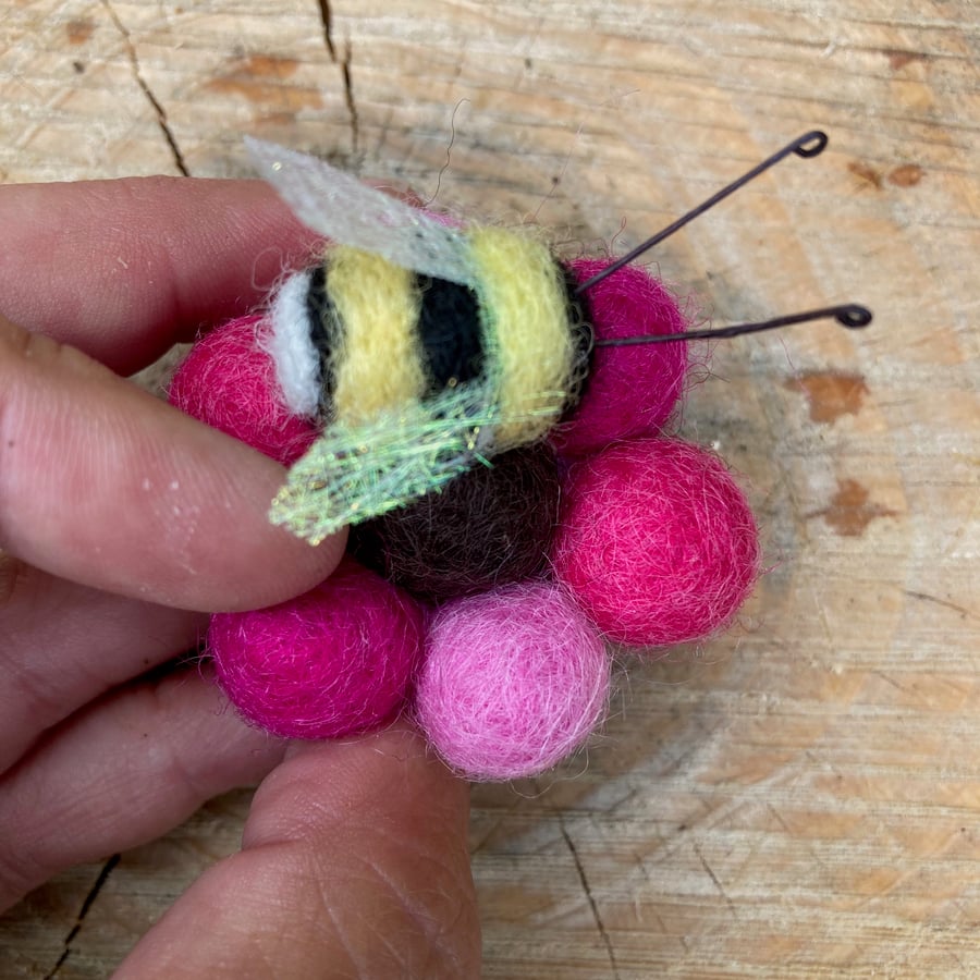 Pink felt ball flower with needle felted bee, fridge magnet