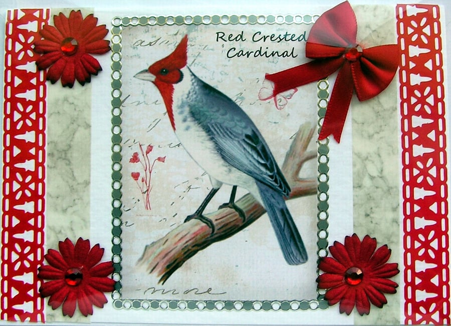 Red Cardinal Bird - Hand Crafted Decoupage Card - Blank for any Occasion (2441)