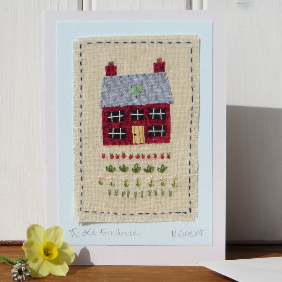 Old Farmhouse hand-stitched miniature mounted onto card with flowers and veg!