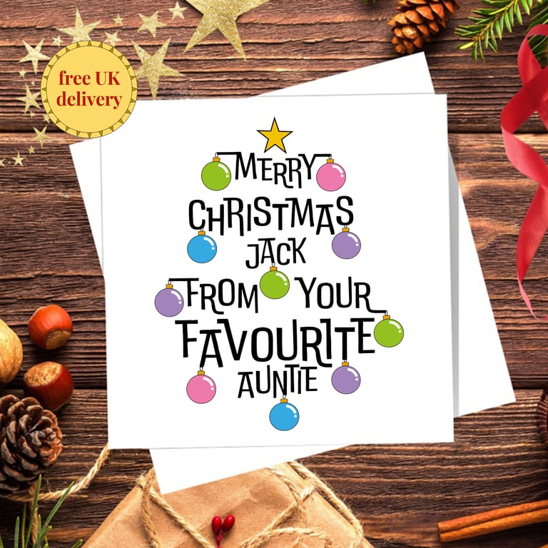 Niece, Nephew Christmas Card - from Auntie, personalised, blank inside