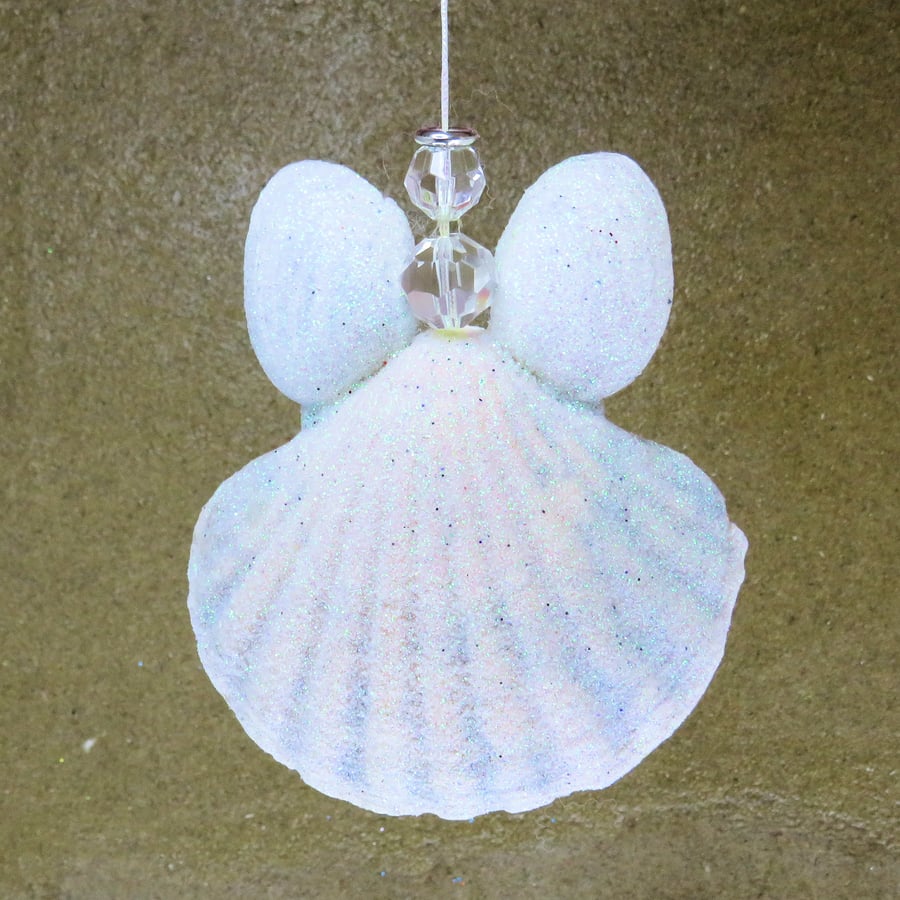 Cute white handmade guardian angel ornament pearlescent shell for Xmas or Yule