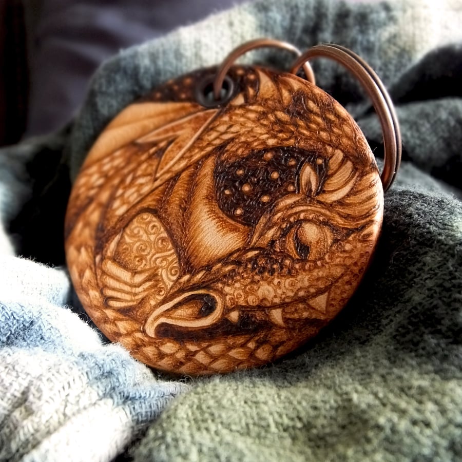 Dragon Mother and Egg Pyrography on Leather Keyring