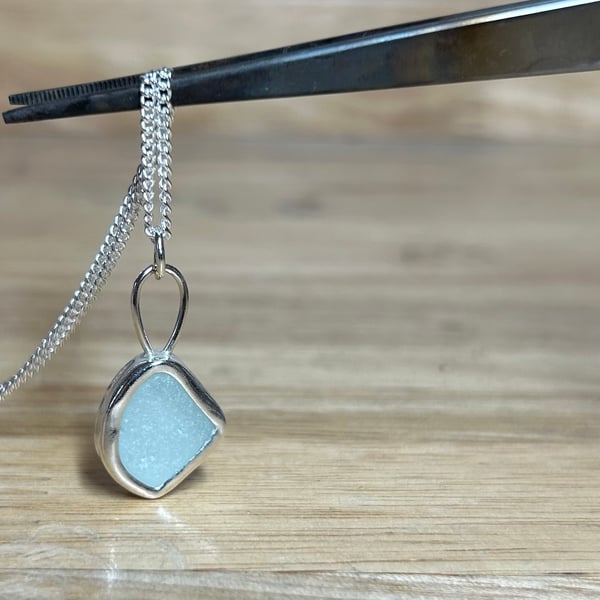 Sterling Silver Aqua Welsh Sea Glass Pendant Necklace