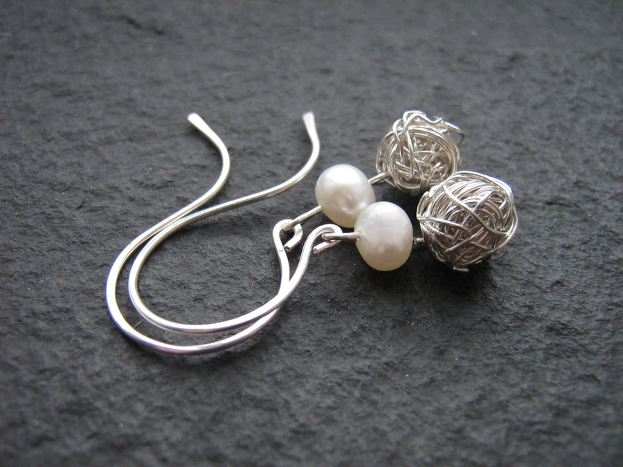 Freshwater Pearl and Silver Wire Wrapped Earrings