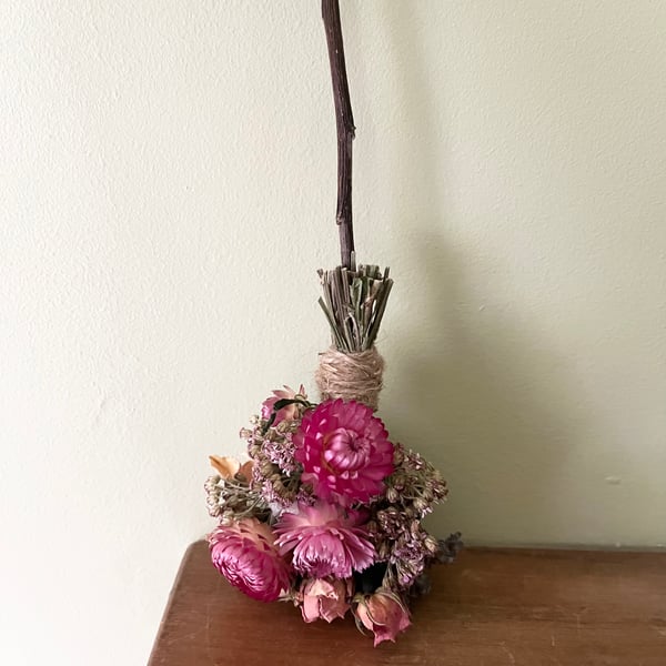 Dried Flower Besom. Handmade Broom. 26cm Long.
