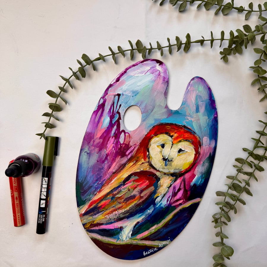 Original Artwork Owl - Painting on wooden Art Palette 