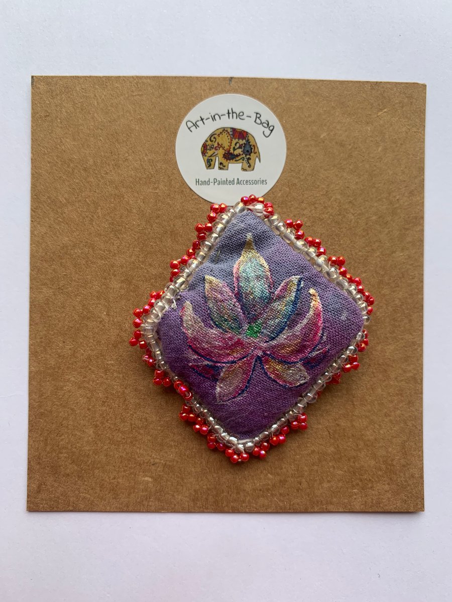 Handmade and hand painted fabric pin brooch with Lotus design 