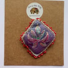 Handmade and hand painted fabric pin brooch with Lotus design 