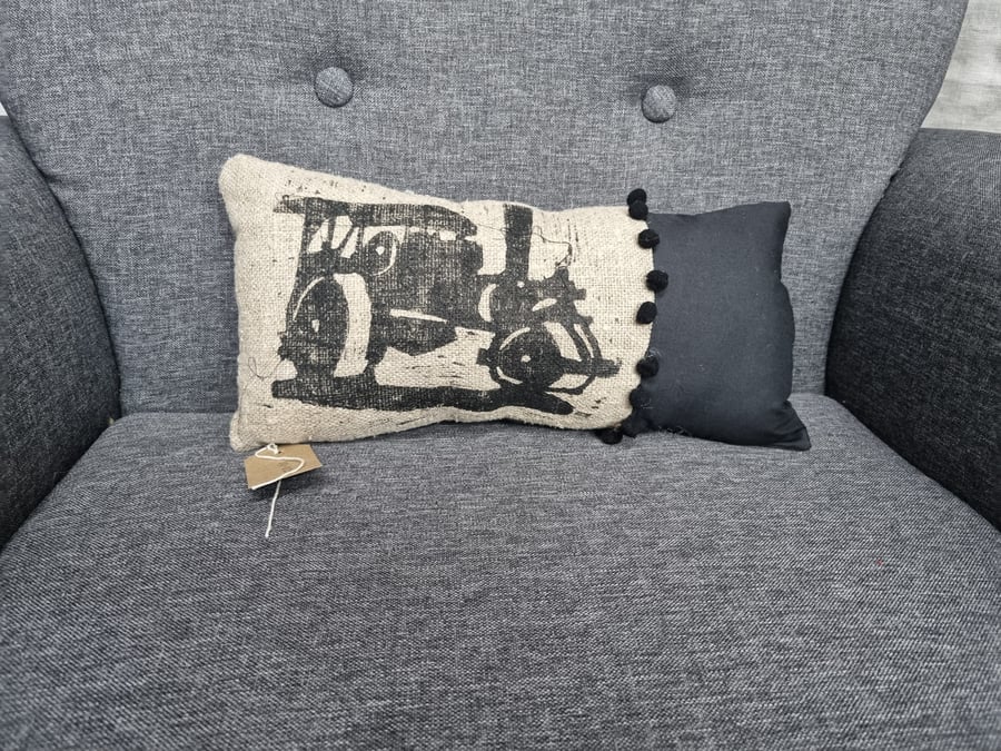 Hand Printed Steam Tractor Cushion with Pom-poms 
