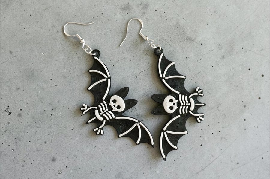 Image of Bat skeleton Halloween earrings Silver Hooks Gothic jewellery