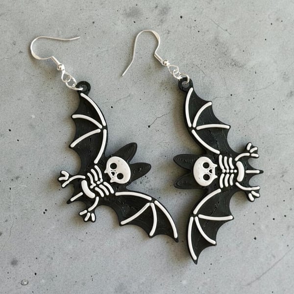 Bat skeleton Halloween earrings Silver Hooks Gothic jewellery