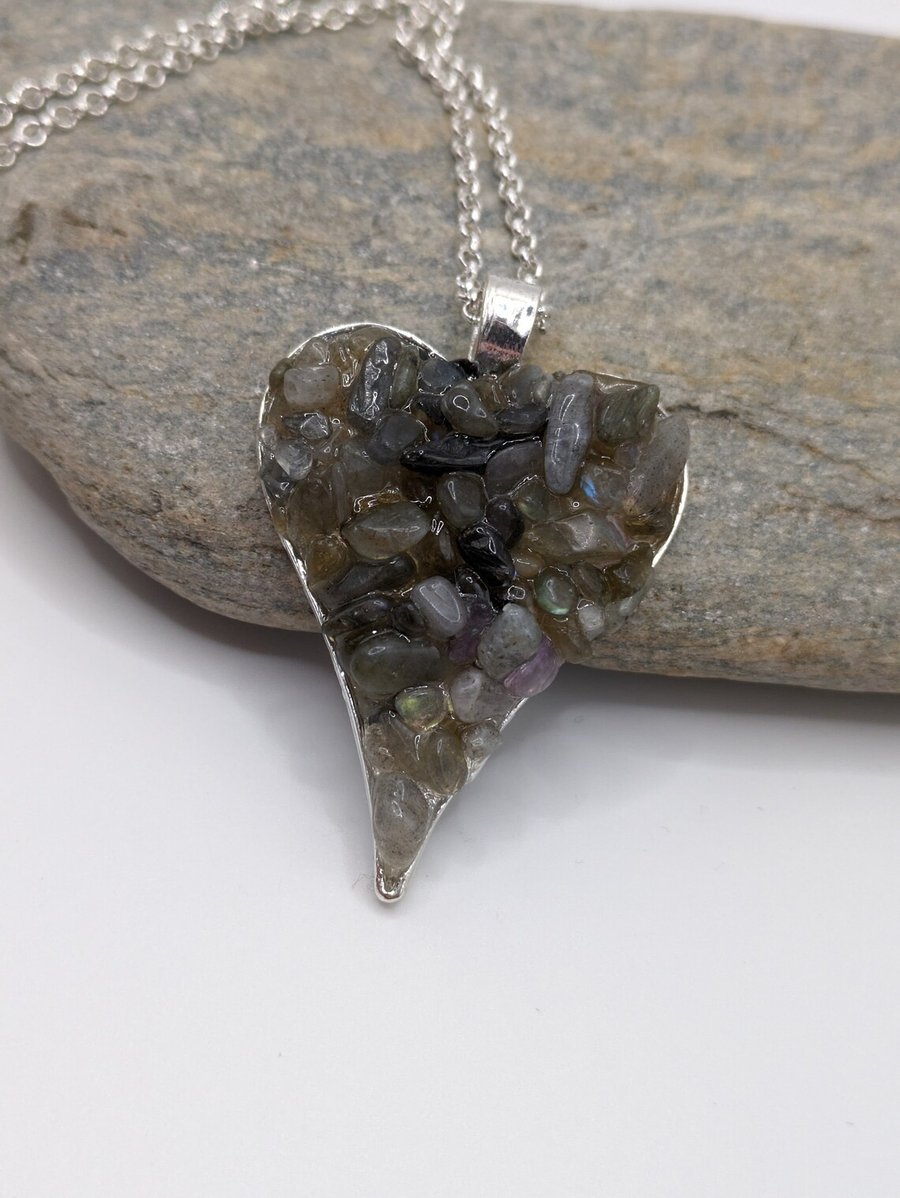 Labradorite Heart Pendant, Heart Pendant, Resin Necklace, Labradorite Pendant,