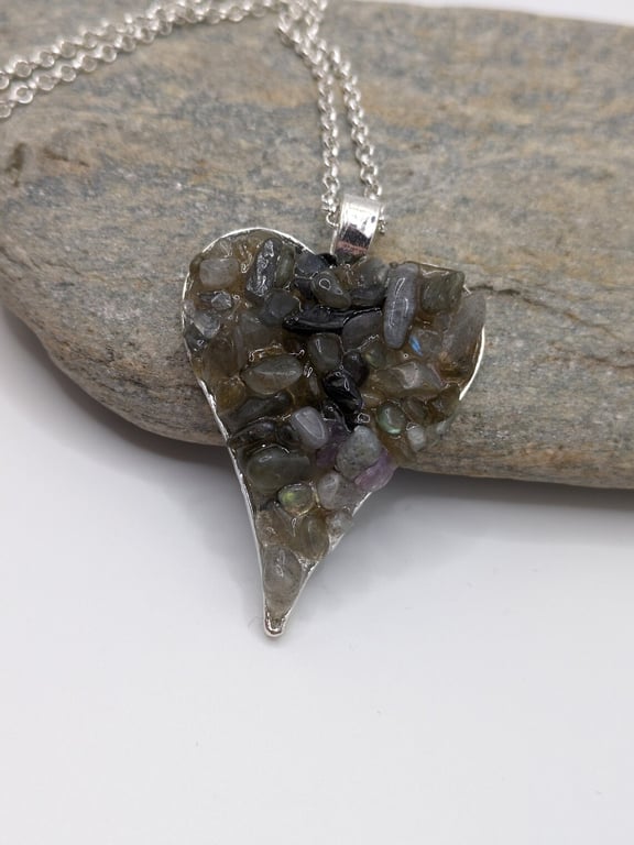 Labradorite Heart Pendant, Heart Pendant, Resin Necklace, Labradorite Pendant,