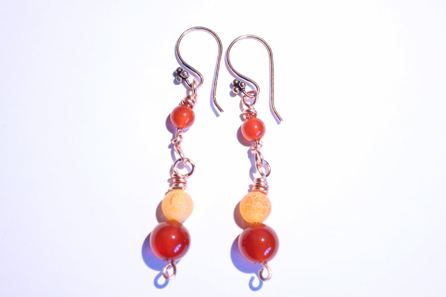 Tawny orange carnelian, cracked agate and copper dangle earrings