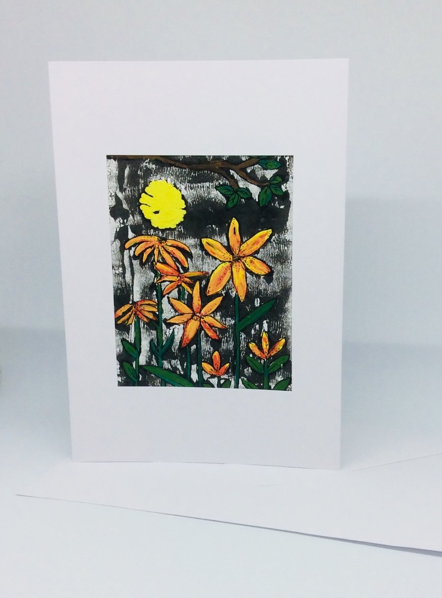 Card, printed and painted original art, orange flowers