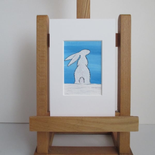 Bunny Rabbit Snow Scene ACEO Original Painting Picture Art Mounted for Framing