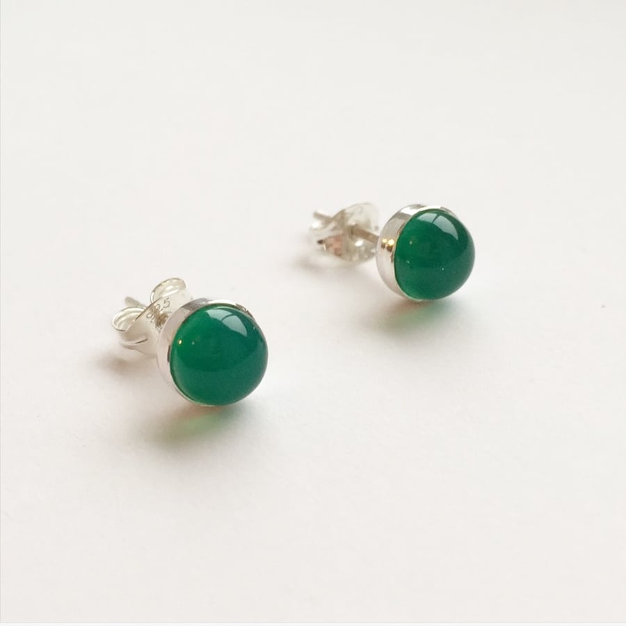 Sterling Silver Green Agate Stud Earrings