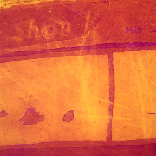 Corner Shop, Salford. Colour etching with aquatint shop front