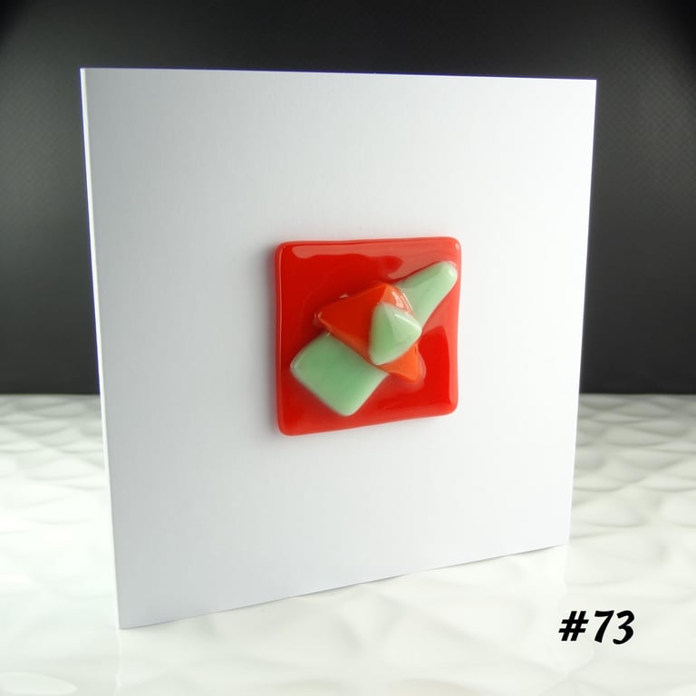 Orange and green textured handcrafted fused glass blank greeting card (73)