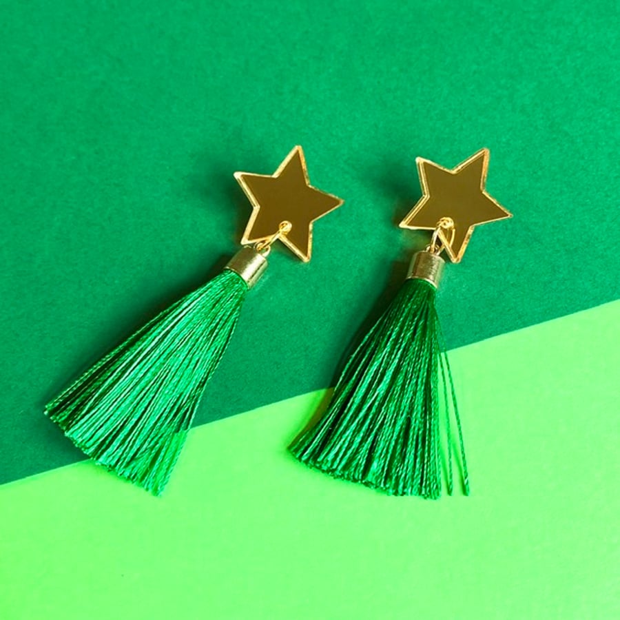 Tassel drop star earrings, emerald green and gold.