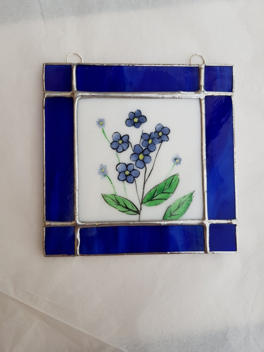 467 Stained Glass Forget me not Painting - handmade hanging decoration.