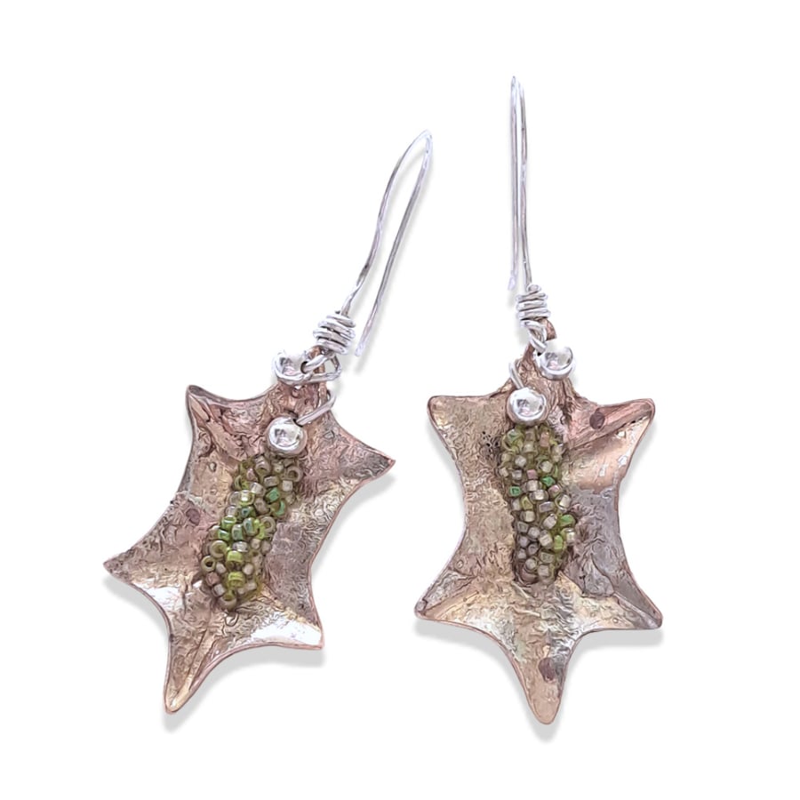 Beaded Silver and Copper Holly Leaf Earrings