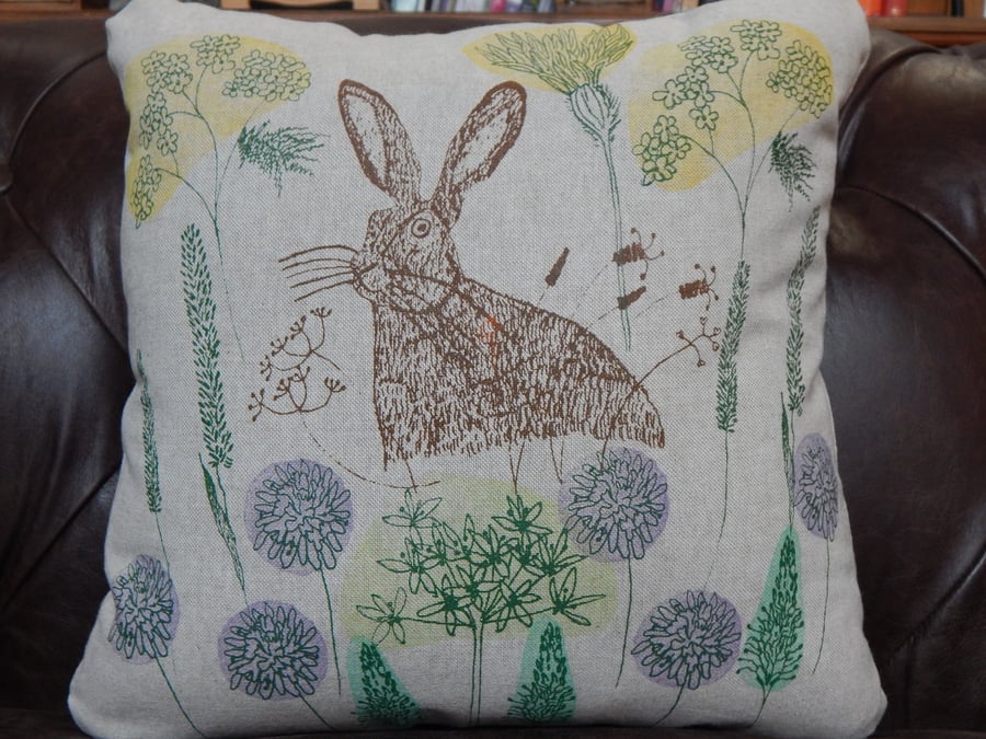 Beige - Screen printed Hare and Hedgerow flowers