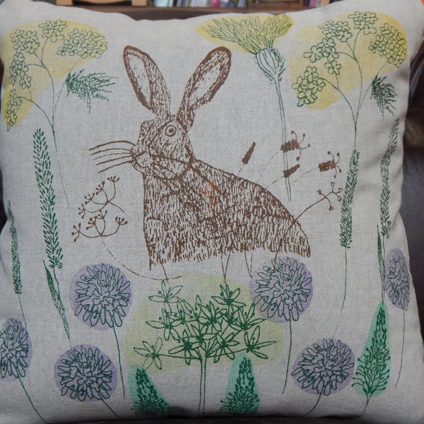 Beige - Screen printed Hare and Hedgerow flowers