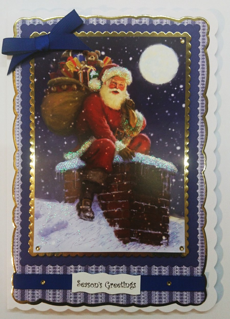 Handmade Christmas Card Santa Delivering Presents Through Chimney