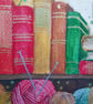 Bookshelf with yarn, coffee and ivy original artwork, frame included - Image 5
