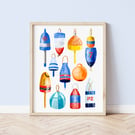 Lobster Buoys Illustrated A4 Art Print