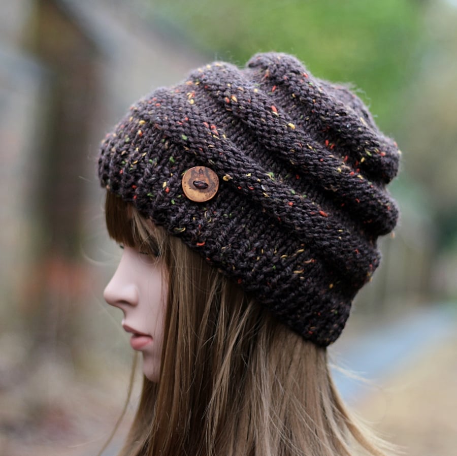 HAT knitted, winter hat, beanie chocolate brown tweed, womens gift, UK