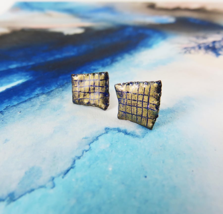Enamel and Textured Copper Stud Earrings with Gold Lustre Finish