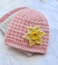 Crochet Newborn Baby Hat with Daffodil in Soft Peach - Image 2