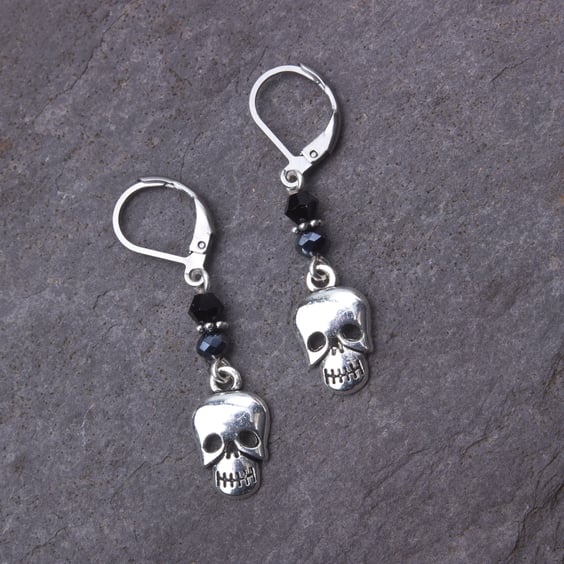 Skull and black bead dangle leverback earrings - stainless steel fittings