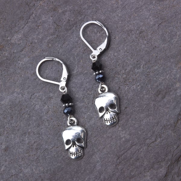 Skull and black bead dangle leverback earrings - stainless steel fittings