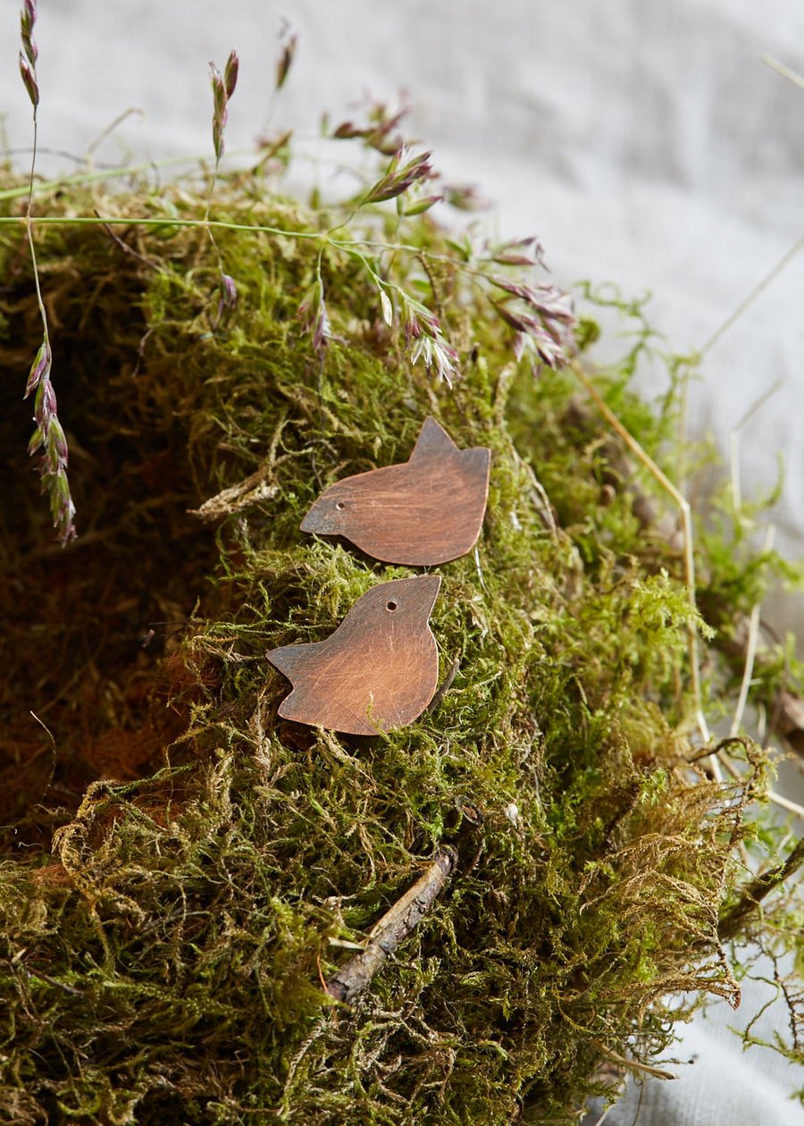 Copper Folk Art Style Bird Studs Handmade Earrings, gift for her