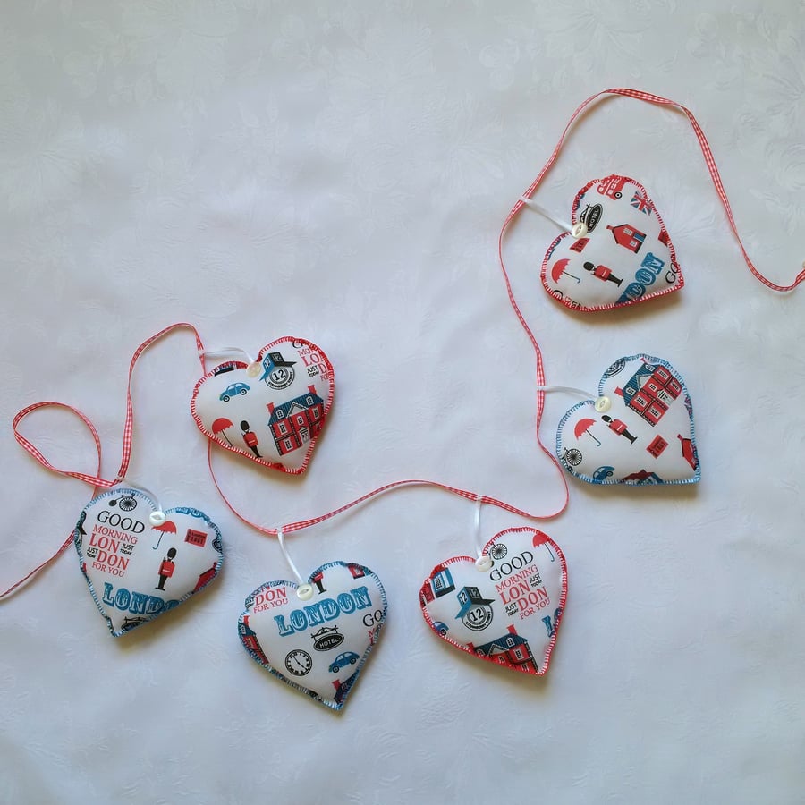 London bunting, red, white, blue, hand stitched, bedroom, cafe, heart, garland
