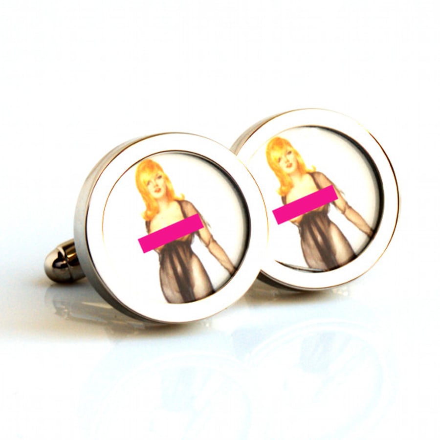 Vintage Erotic Nude Cufflinks of a Blonde Pinup Girl in Black Lingerie