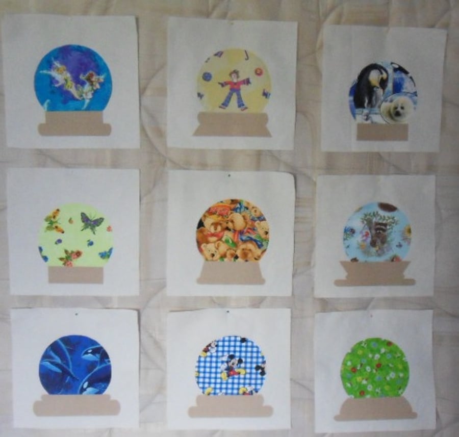 Homemade 9 Applique Snowglobes quilt blocks. 11" half inch square. 100% cotton