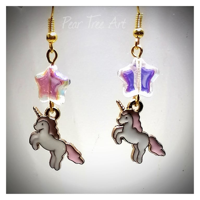 Pink Unicorn Earrings with Star Beads