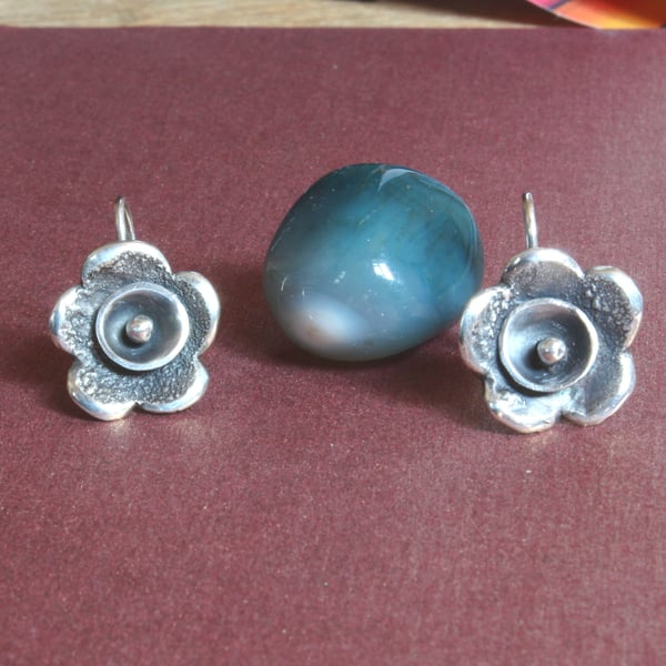 Silver Flower Earrings - Artisan Textured Petals of Silver Dangle Earrings
