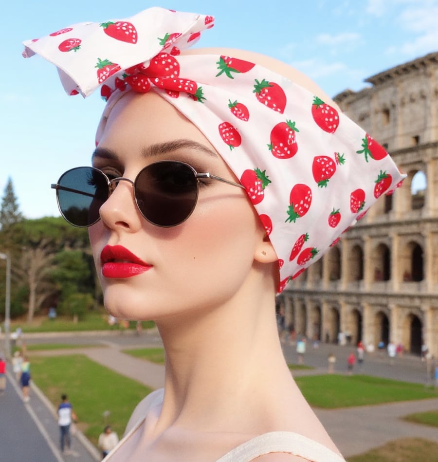 1950s Retro Rockabilly Headscarf  Bandana Handmade Strawberry Print