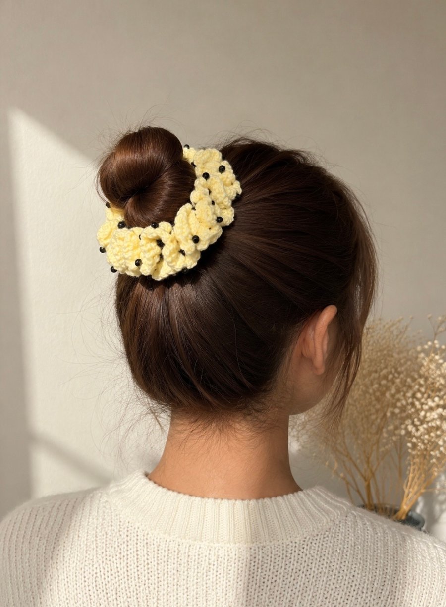 Bright Yellow & Black Crochet Scrunchie - Beaded Handmade Hair Accessory