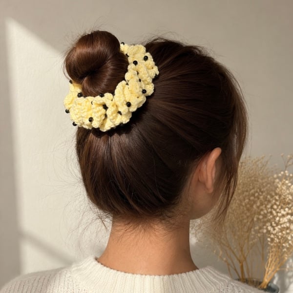 Bright Yellow & Black Crochet Scrunchie - Beaded Handmade Hair Accessory