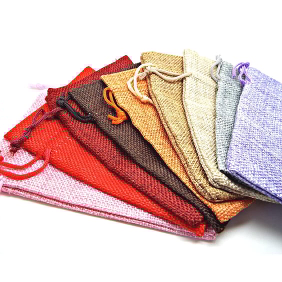 Canvas Drawstring Gift Bags 10x13cm in Mixed Colours, Hessian Style Pouches