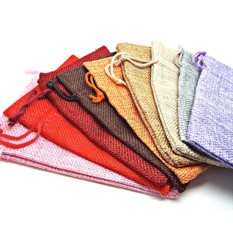 Canvas Drawstring Gift Bags 10x13cm in Mixed Colours, Hessian Style Pouches