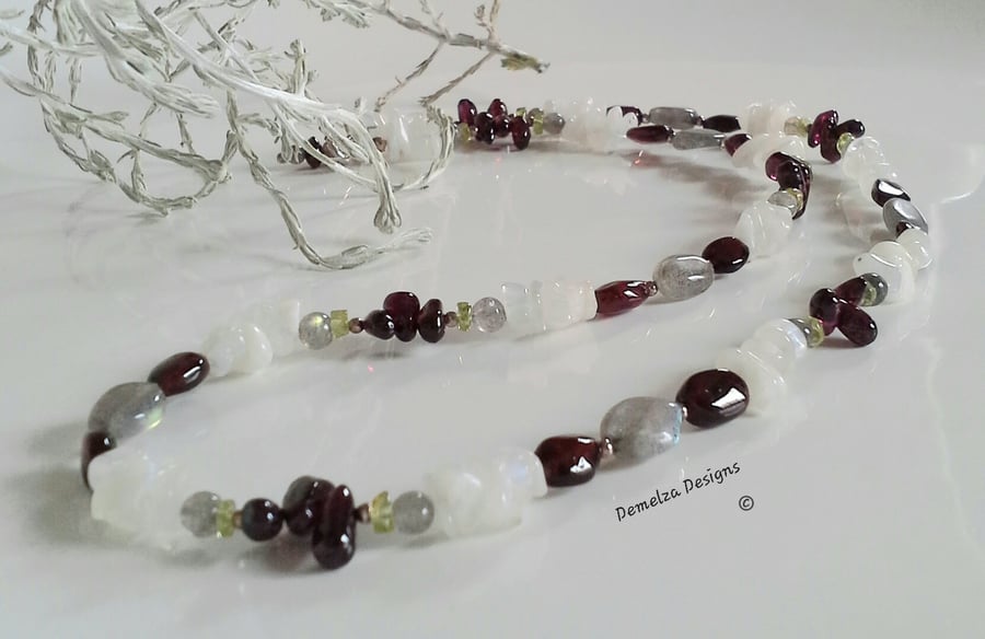 Natural Ruby Red Garnet, Moonstone, Peridot Sterling Silver Necklace